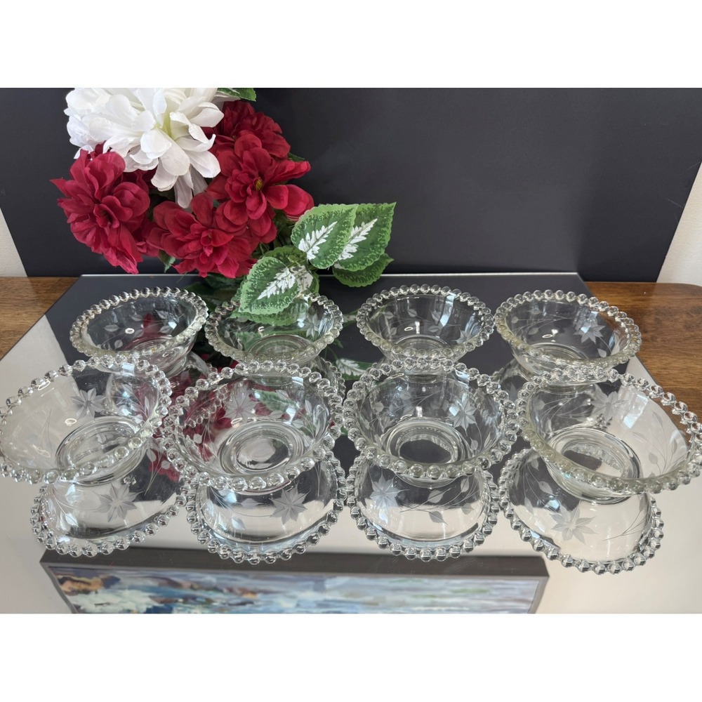 Vintage Etched Floral Clear Glass Bowls with Bubble Rim  Retro Dining – Set of 8